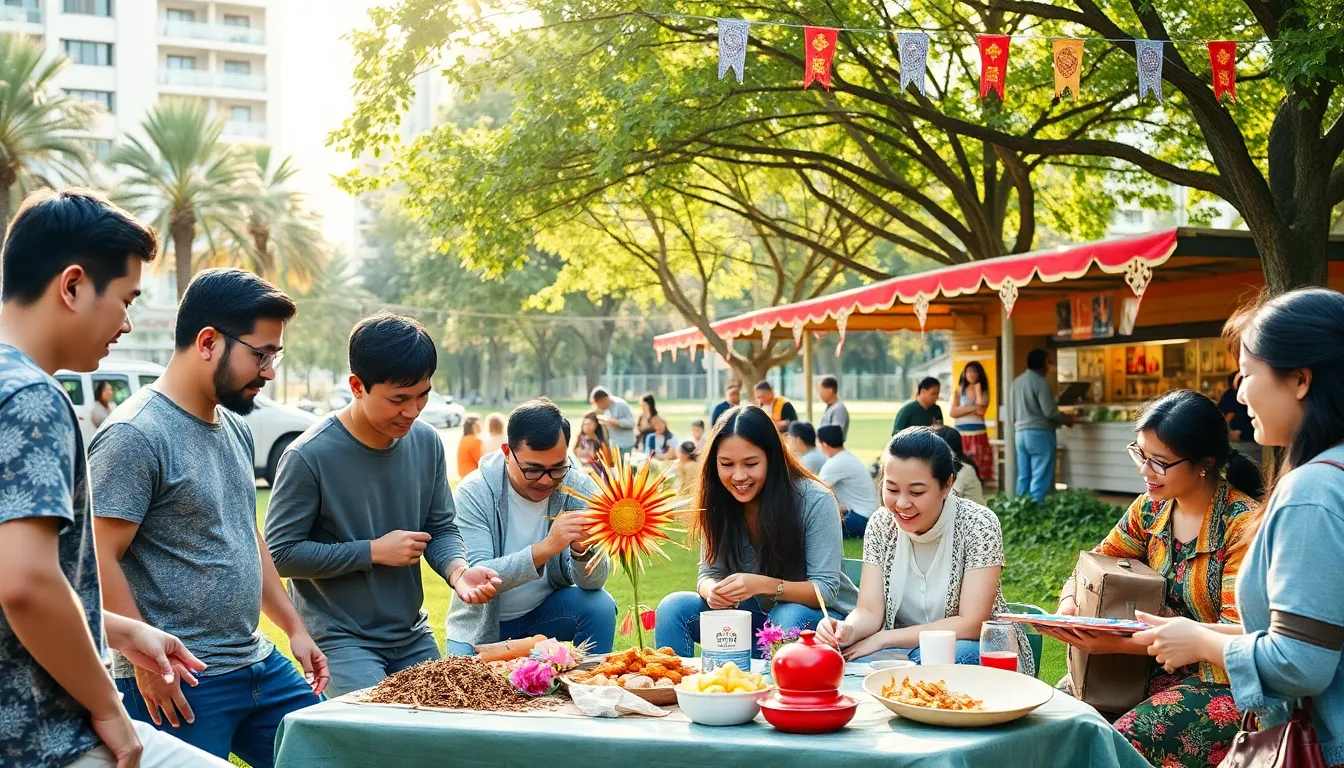 diverse community gathering celebrating Saliuong in an urban park.
